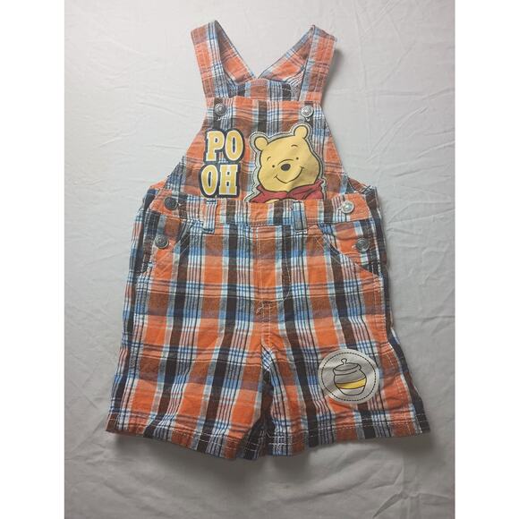 VTG Winnie The Pooh Plaid Orange Short Overalls Infant Boys Size 18 Months